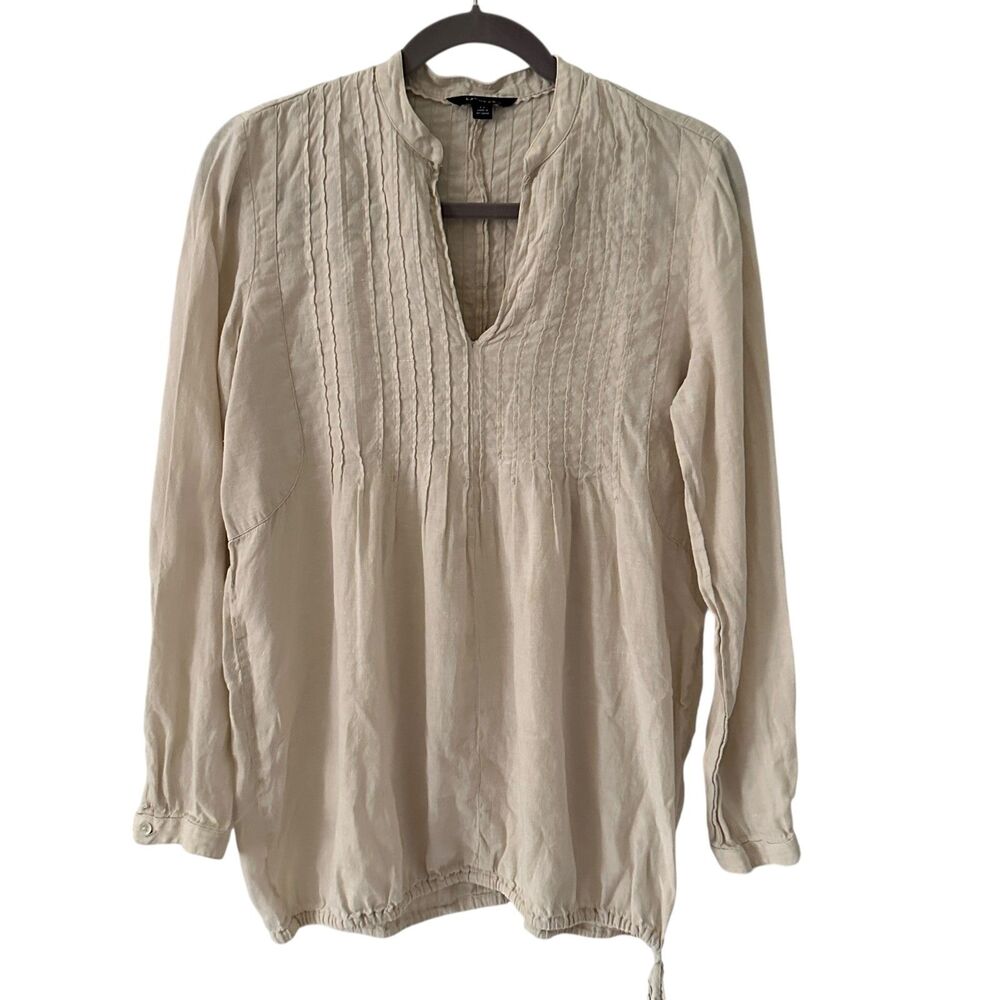Lands End Beige 100% Linen‎ V-Neck Pin Tuck Tunic Blouse Size 6-8